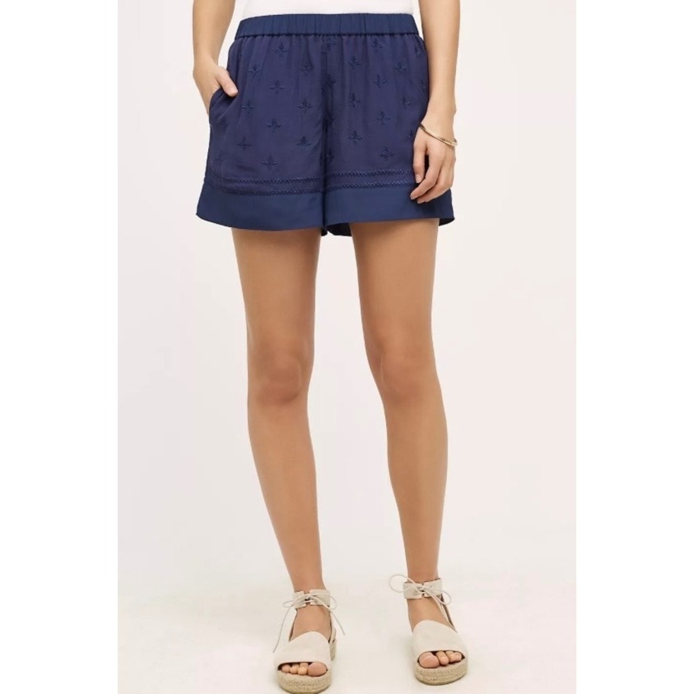 Anthropologie Elevenses Costa Maya Shorts XS Navy Blue Embridered Pull On